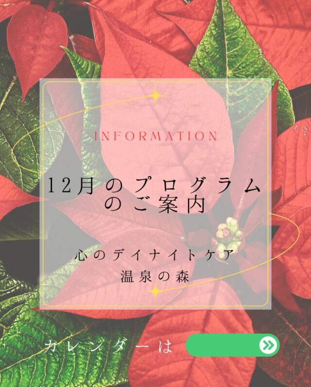 鹿児島も寒くなってきましたが、
皆さまいかがお過ごしでしょうか？

心のデイ・ナイトケア　温泉の森から
12月のプログラムのご案内です💁‍♀️

今月も依存症プログラムはもちろん、認知行動療法やACTミーティングなど、座学の定期開催を計画しております😊

そして、今月も様々なアクティブなプログラムを準備しております！
2日はソフトボール大会🥎
9日は温泉ドライブ♨️
18日は恒例のプチ旅行🚗
25日は誕生日会🎂🎊
さらに！
2025年の締めくくりに
30日は餅つき
31日　大晦日には温泉の森　紅白歌合戦❤️🎤🤍を開催予定です！

今年も後１か月🗓️
みんなで楽しく笑顔で過ごしましょう♪

皆さまのご参加、お待ちしております🍀＊°

#12月
#温泉の森
#プログラム
#師走